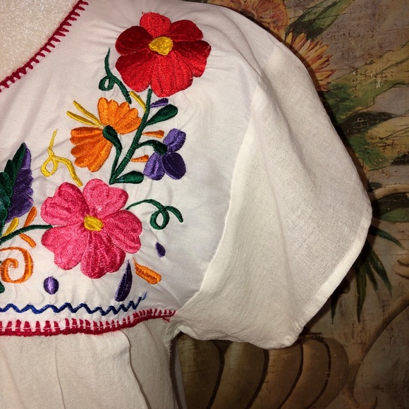 Sz L Mexican White Floral Embroidered S/S Shirt - Picture 9 of 12